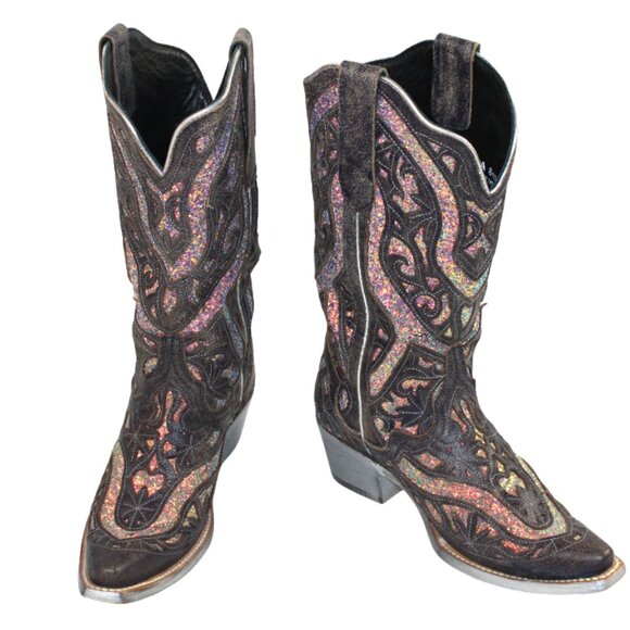 JB Dillon Reserve Black Distressed Midnight Sparkle Inlay Tall Boot Size 8.5 - Picture 7 of 12